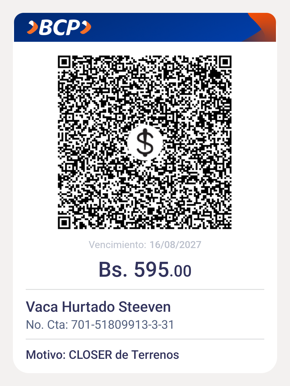 QR de pago Bs 595 CLOSER DE TERRENOS